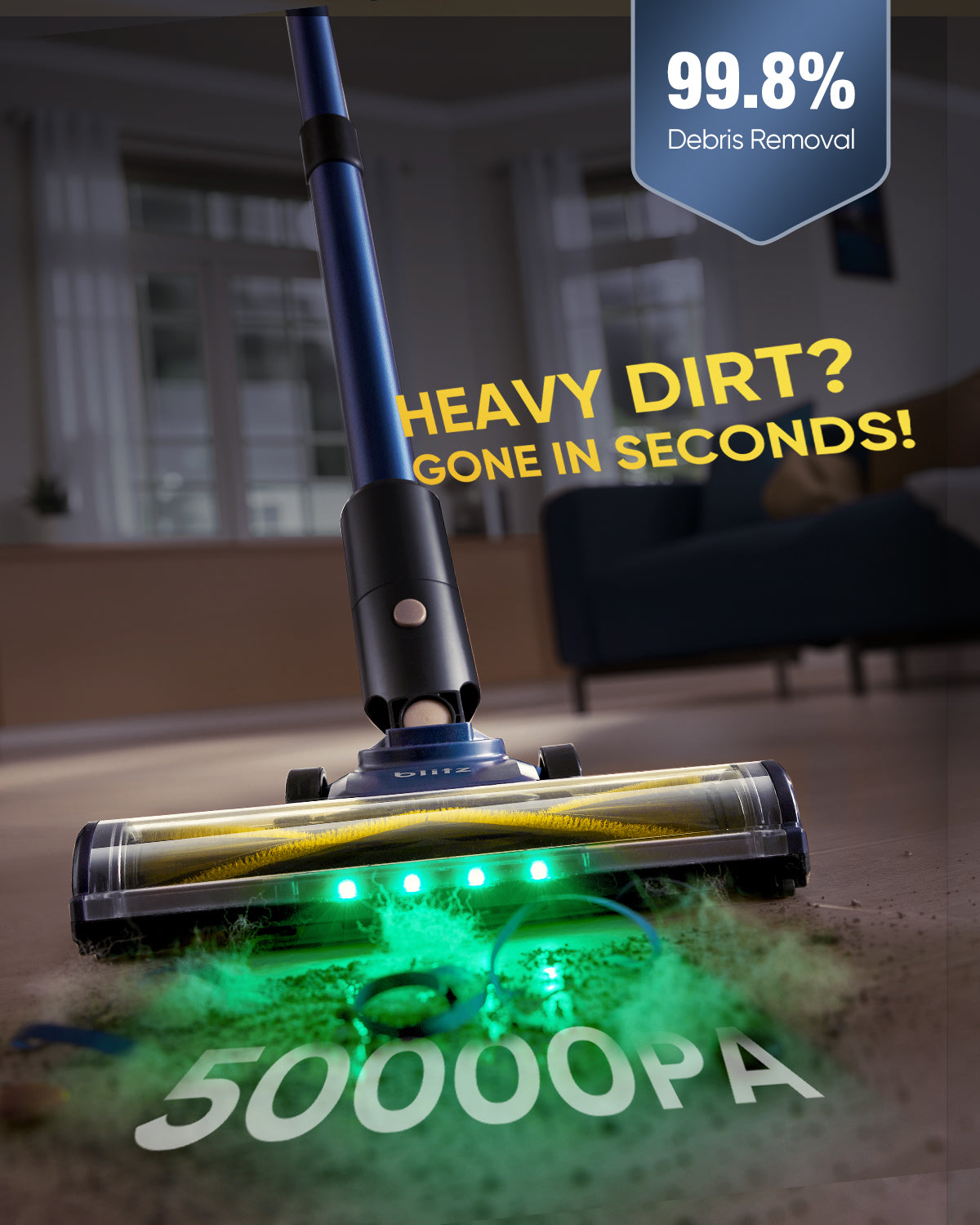 Cleaning device with50000PA suction  power its efficiency on a floor.