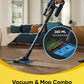 Vacuum and mop combo being used on a wooden floor with a living room in the background.