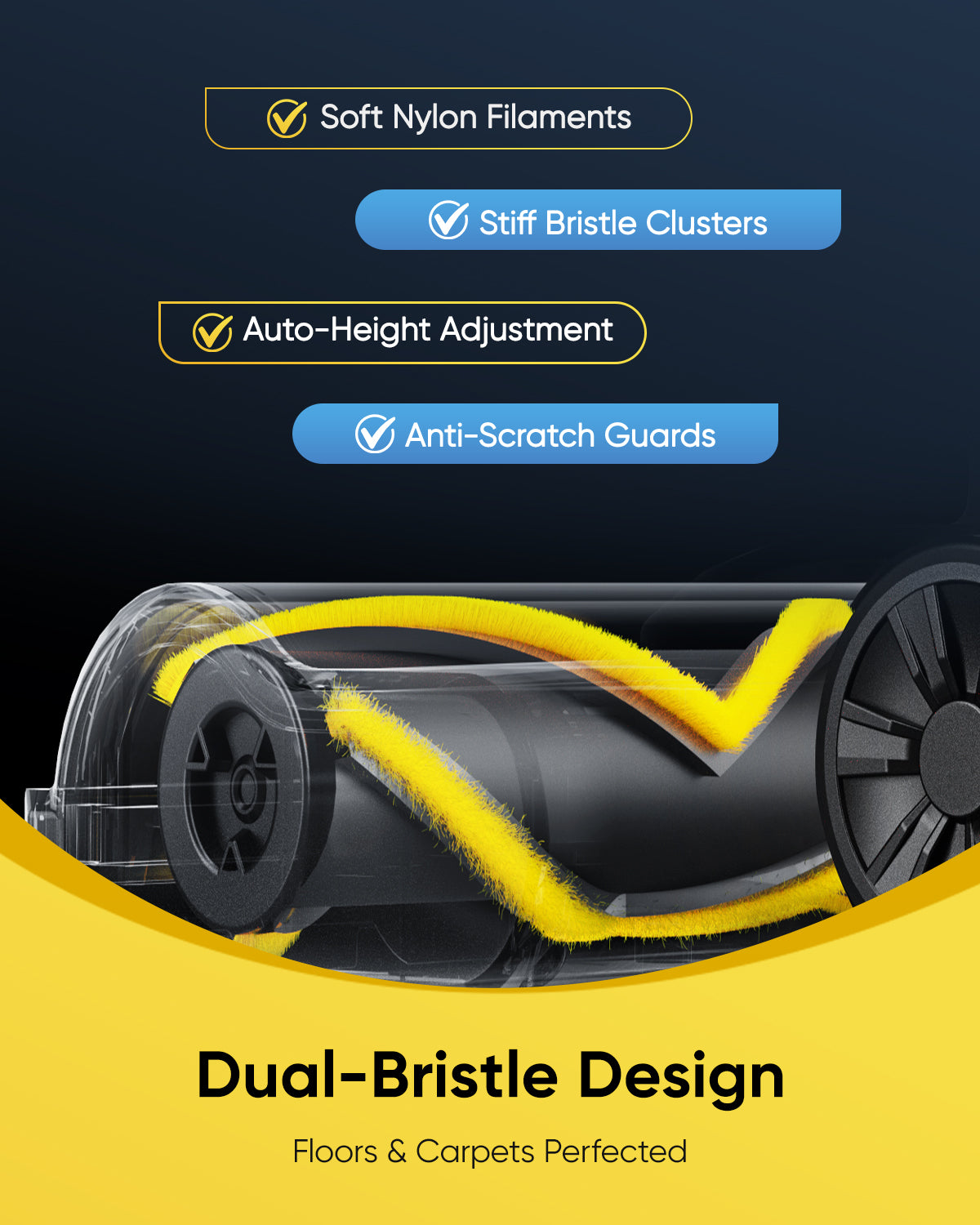 Cleaning tool with dual-bristle design on a dark background with feature text.