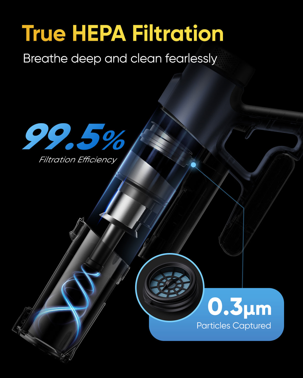 Vacuum cleaner with True HEPA Filtration features on a black background