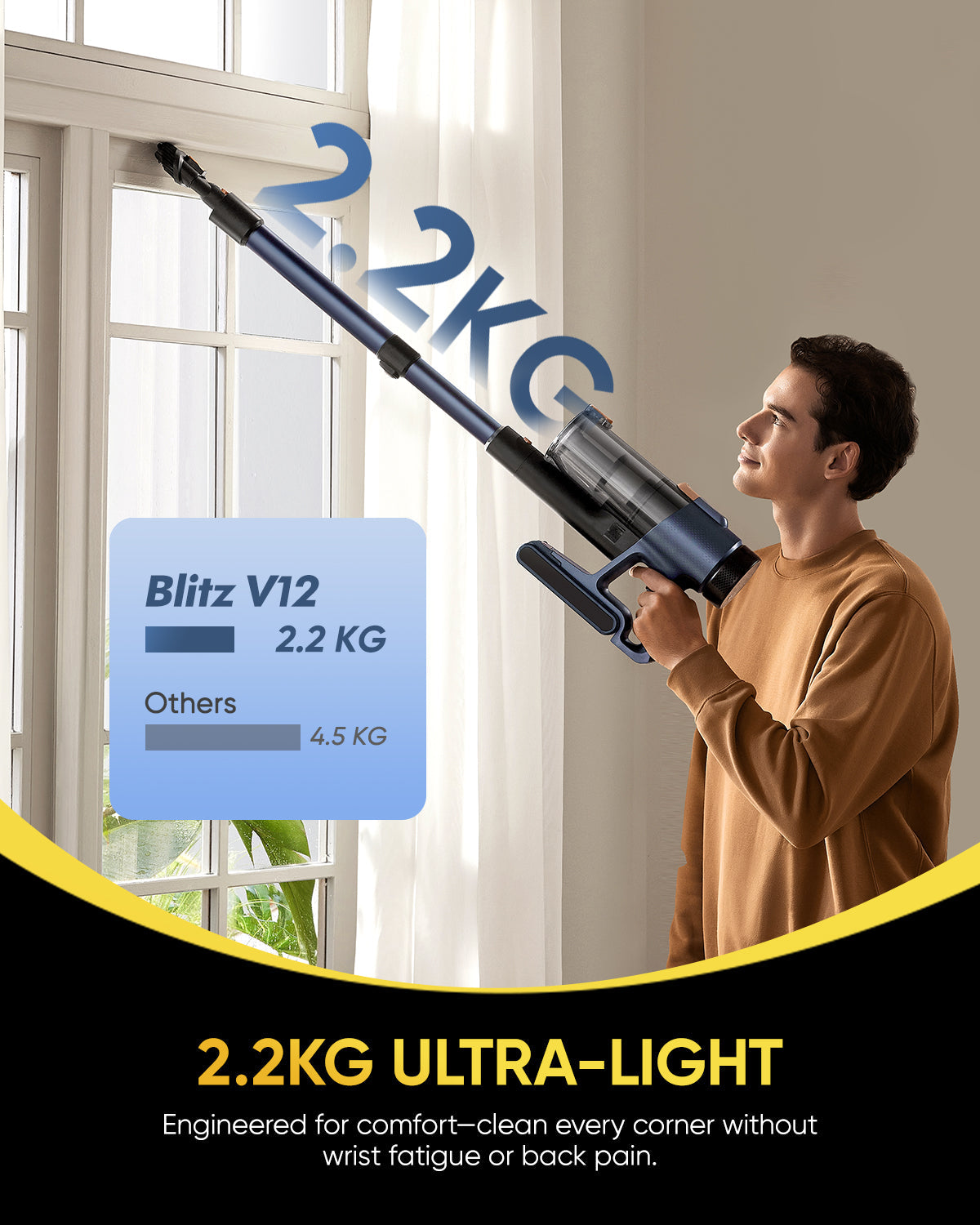Person holding a ultra-light vacuum cleaner with 2.2kg highlighting weight and features.