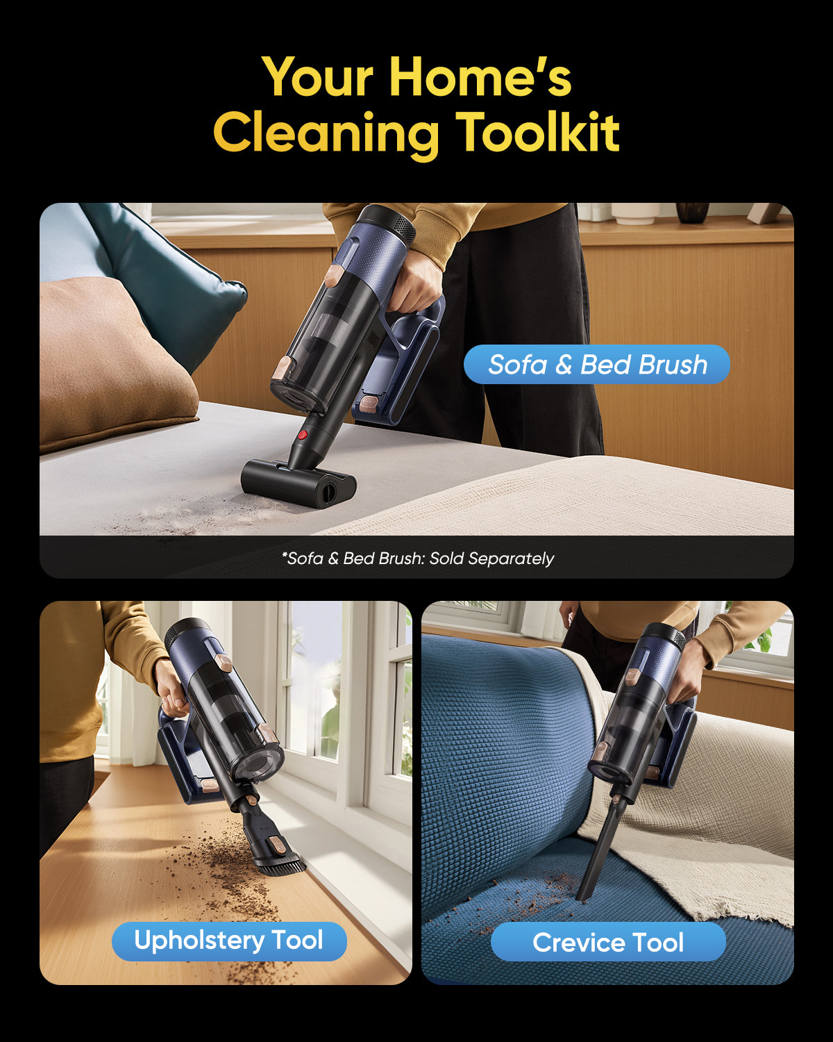 V12 Vacuum cleaner with attachments for cleaning sofa, bed, upholstery, and crevice.