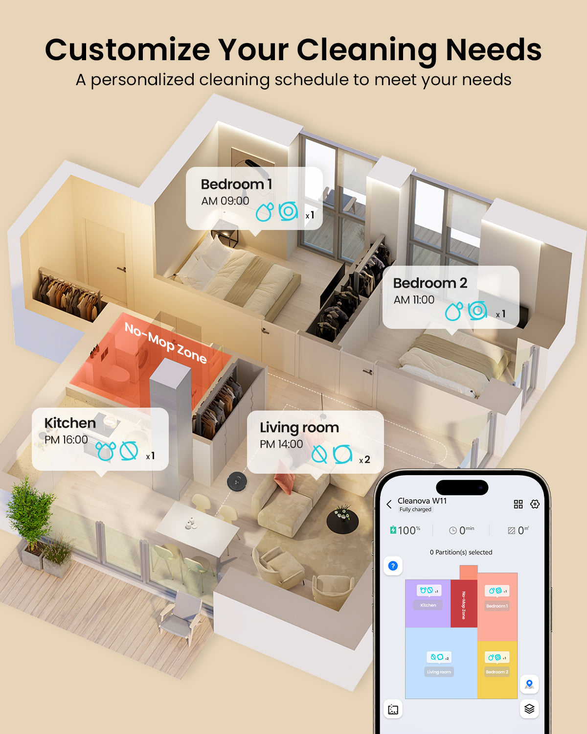 Smart home cleaning system with a floor plan and smartphone app interface.