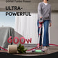 Woman using a vacuum cleaner with text highlighting 600W power and cleaning capabilities.