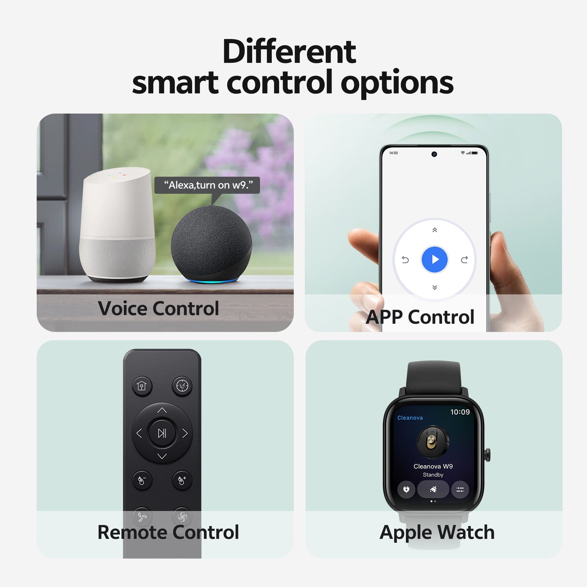 Various smart control options including voice control, app control, remote control, and Apple Watch.