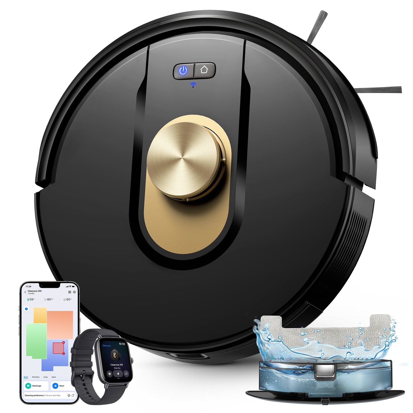 Robotic vacuum cleaner with smartphone, smartwatch, and cleaning dock on a white background