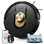 Robotic vacuum cleaner with smartphone, smartwatch, and cleaning dock on a white background