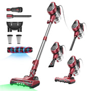 Red and black vacuum cleaner with attachments on a white background