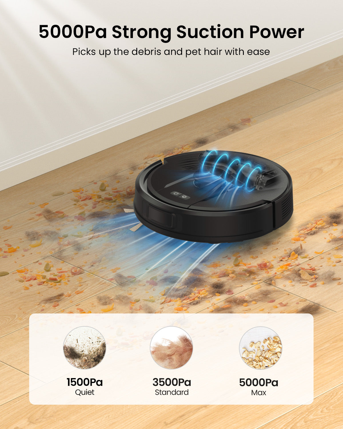 Vactidy & Vexilar | Robot vacuum cleaner on a wooden floor with debris, highlighting 5000Pa strong suction power.