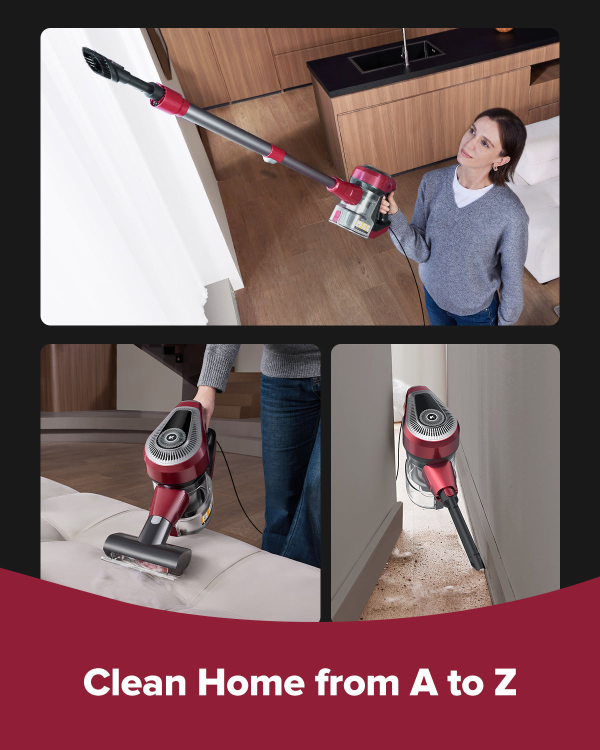 Person using a vacuum cleaner in a home setting with text 'Clean Home from A to Z'.