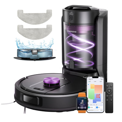 Robotic vacuum cleaner with attachments and smartphone app on a white background