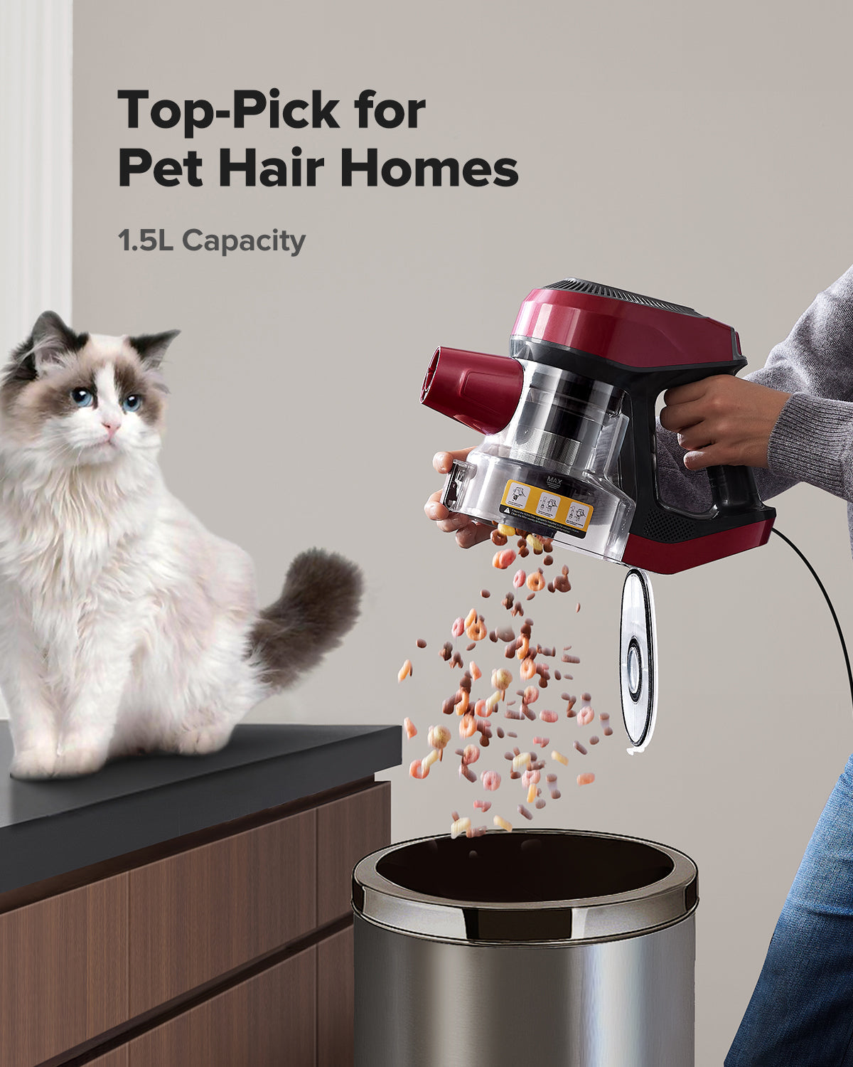 Pet hair removal device with a cat and a person using it, on a neutral background.