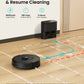 Robotic vacuum cleaner on a wooden floor with charging station and cleaning path diagram.