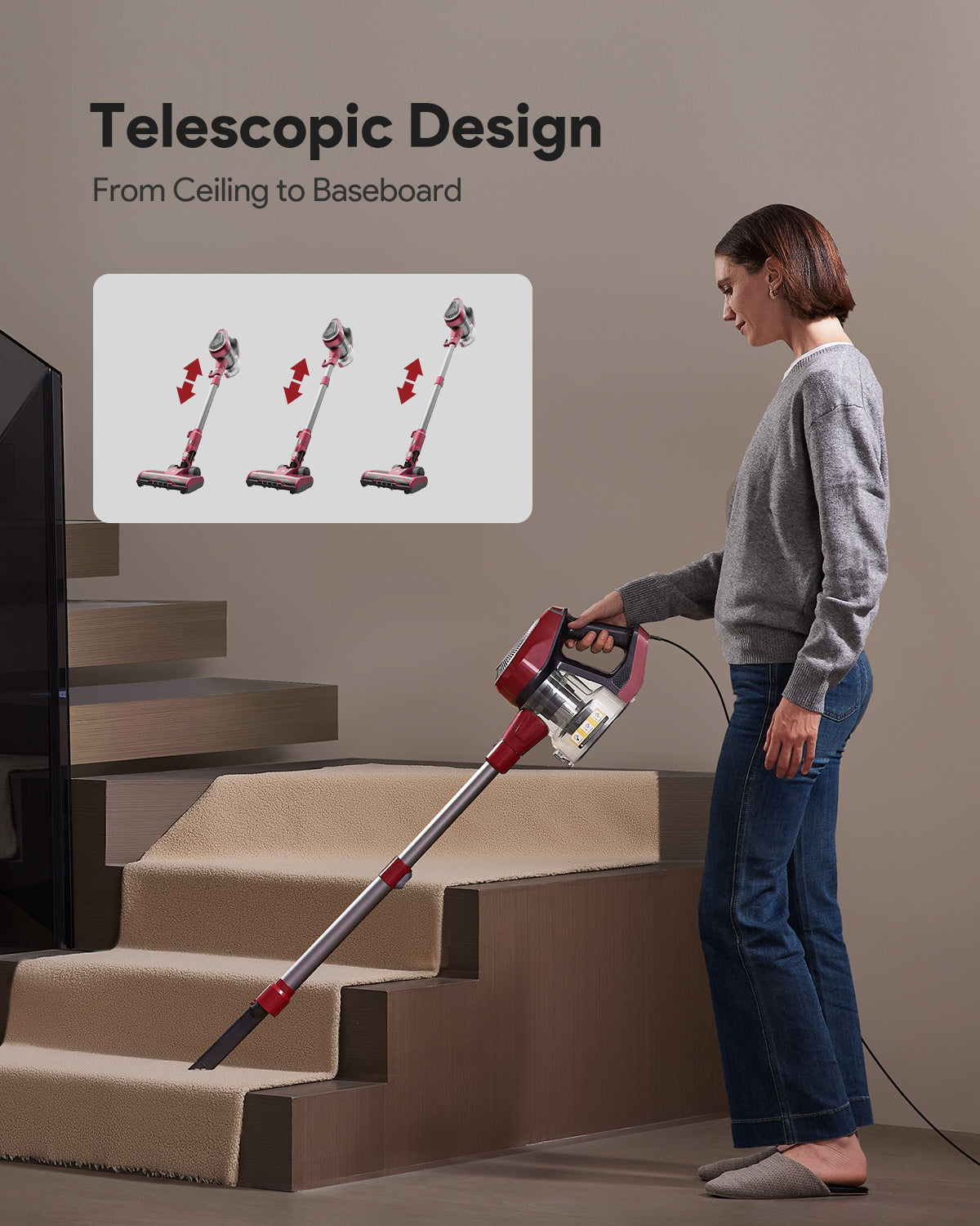 Person using a telescopic vacuum cleaner on stairs with a focus on its design.