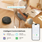Person using a robot vacuum cleaner with smartphone app interface and text about control methods.
