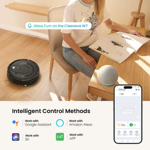 Person using a robot vacuum cleaner with smartphone app interface and text about control methods.