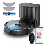 Vactidy & Vexilar | Robotic vacuum cleaner with attachments and smartphone app on a white background