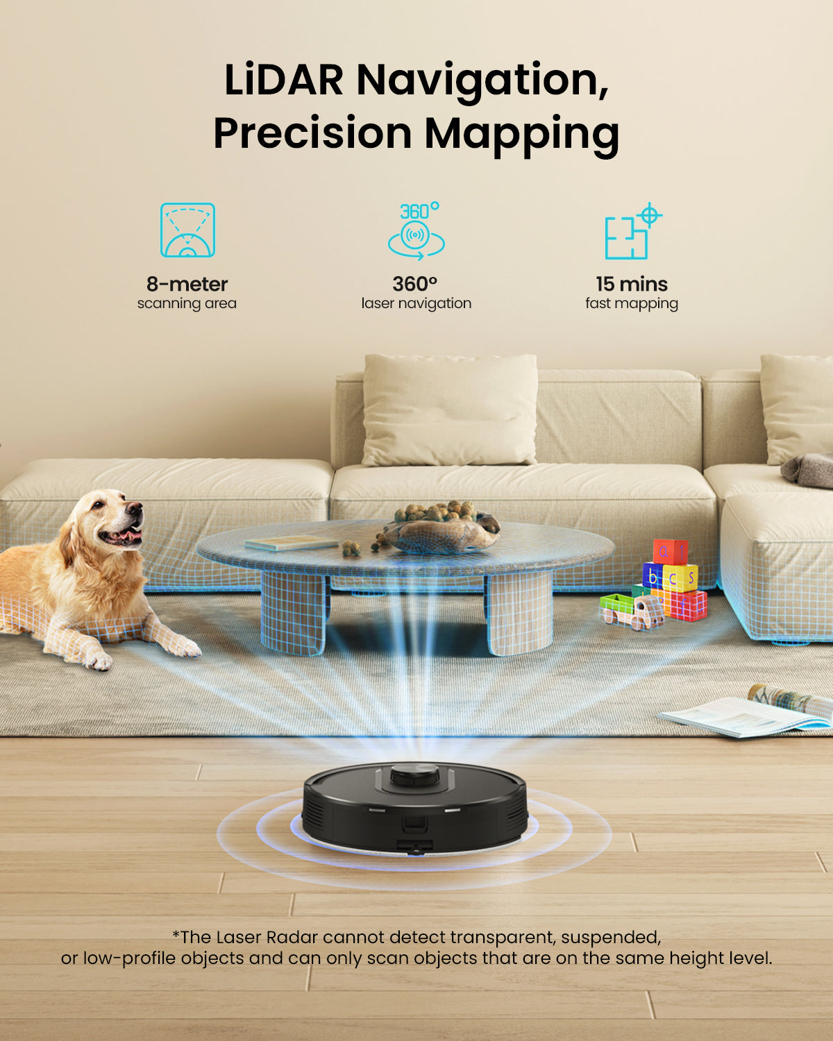 Vactidy & Vexilar | Robotic vacuum cleaner with LiDAR navigation technology in a living room setting.