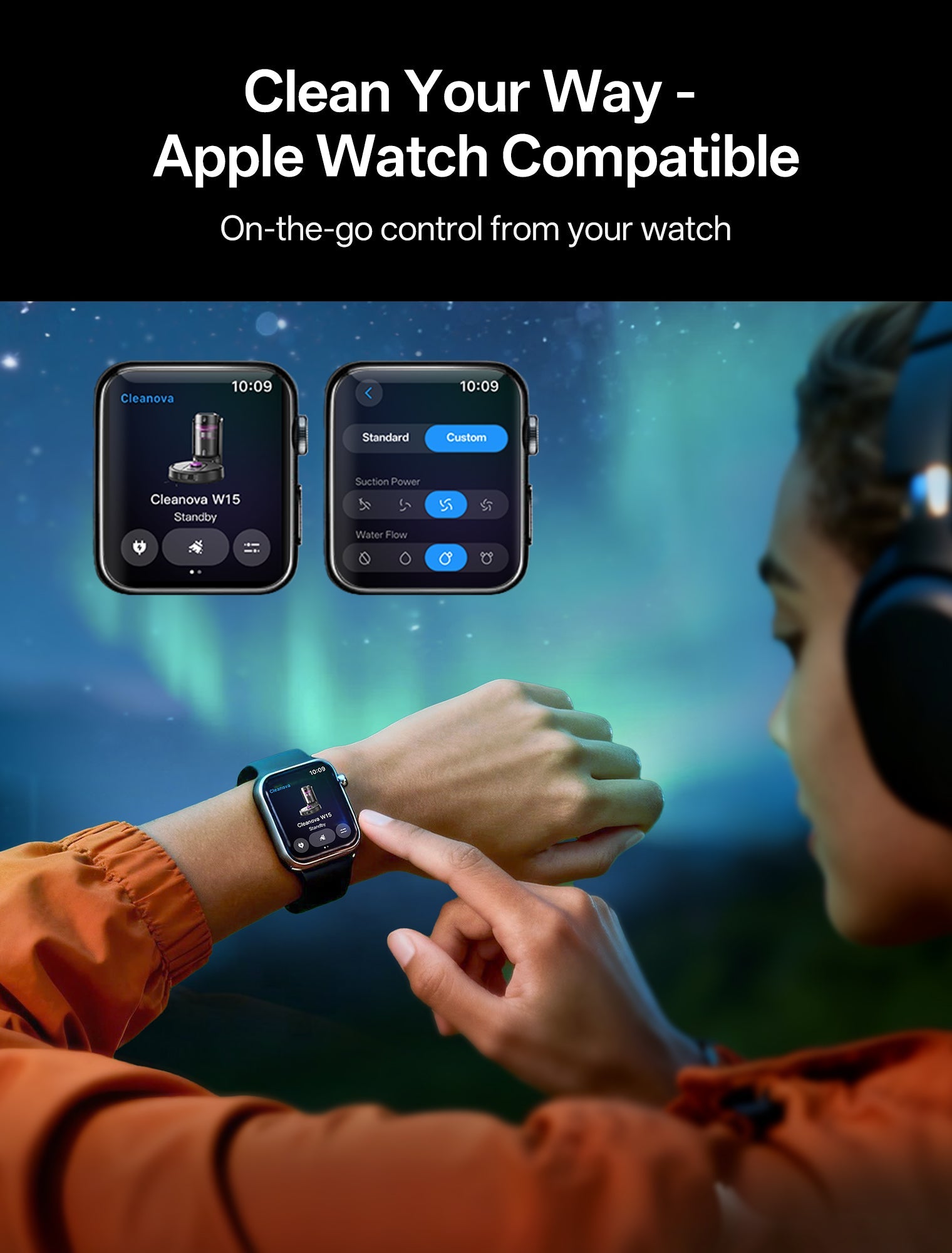 Person using a smartwatch with a scenic background, promoting Apple Watch compatibility.