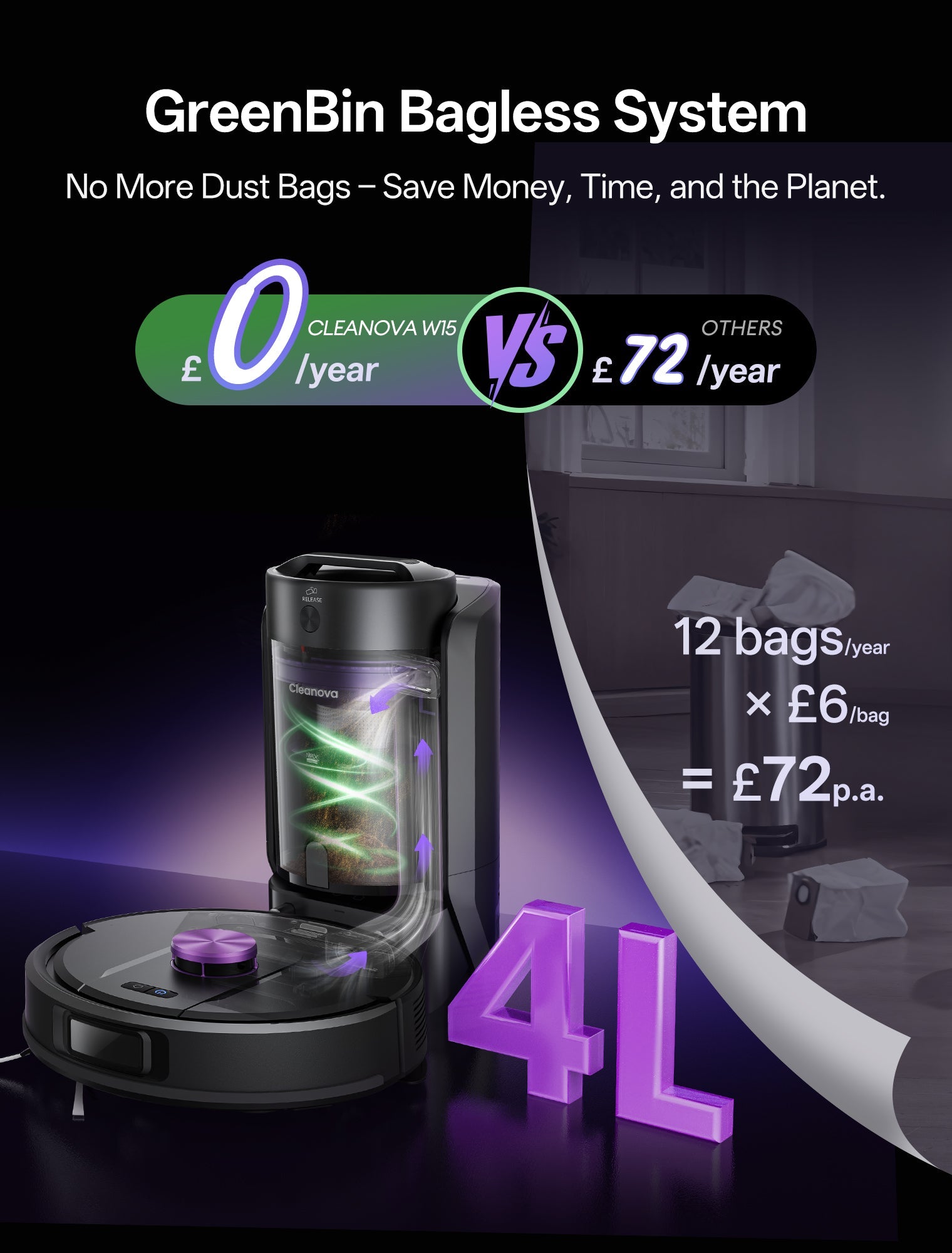 GreenBin Bagless System advertisement with a Cleanova W
15 vacuum cleaner and cost savings comparison.