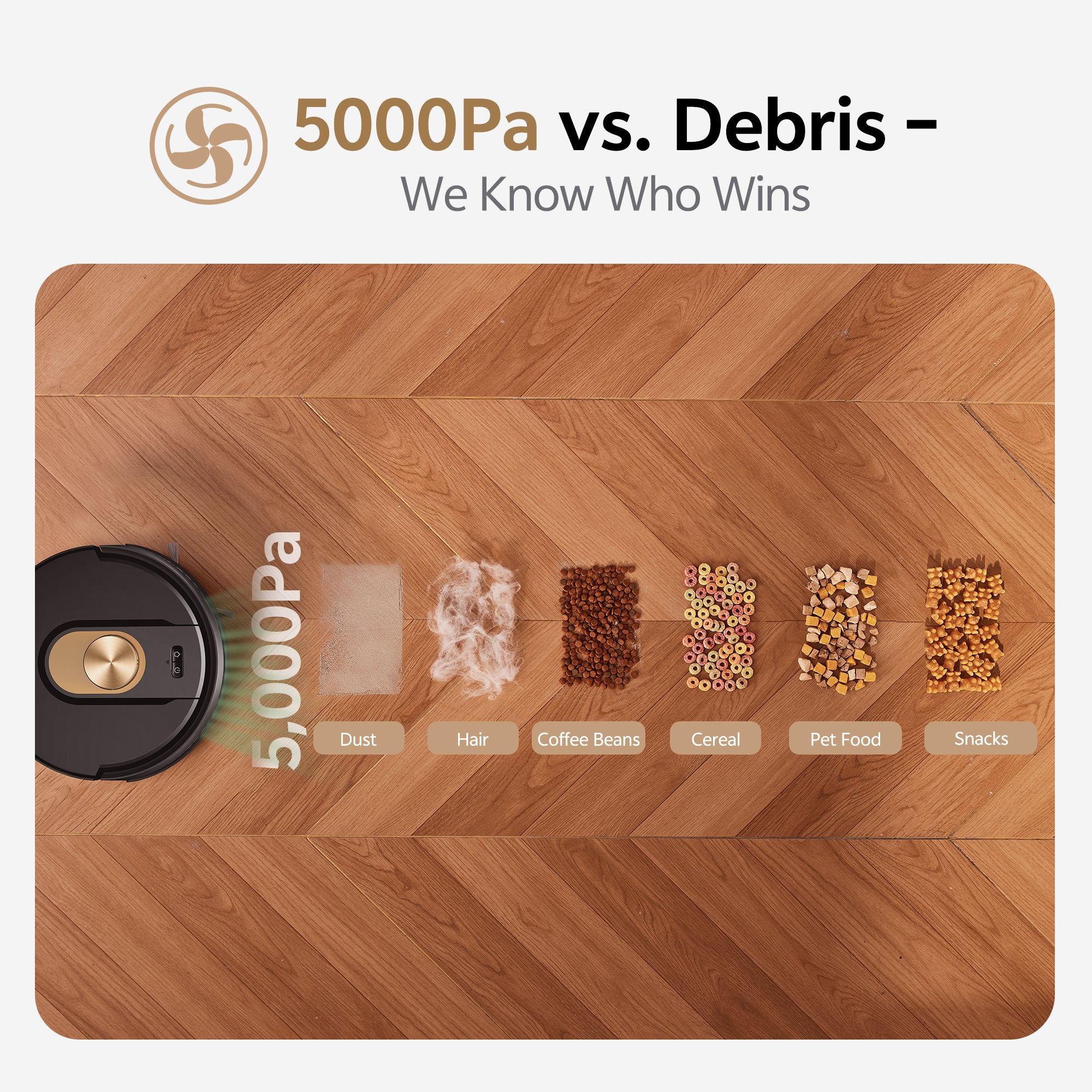 Robotic vacuum cleaner on a wooden surface with debris types labeled.