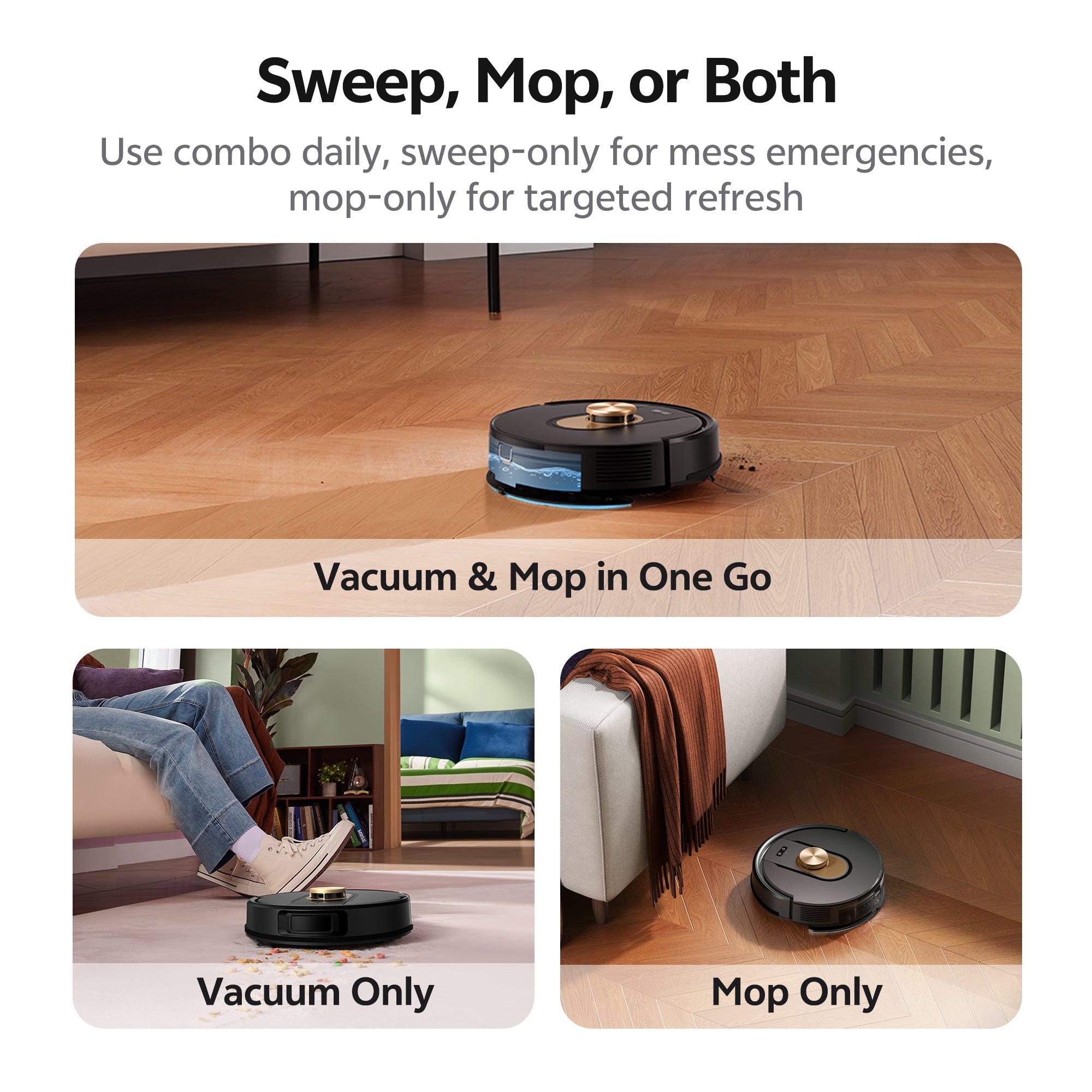 Robotic vacuum cleaner with text explaining its functions on a wooden floor.