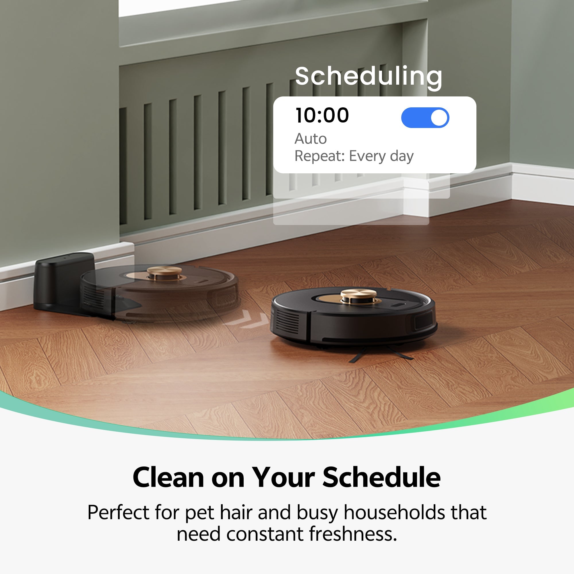 Two robotic vacuums cleaning a wooden floor with scheduling interface displayed.