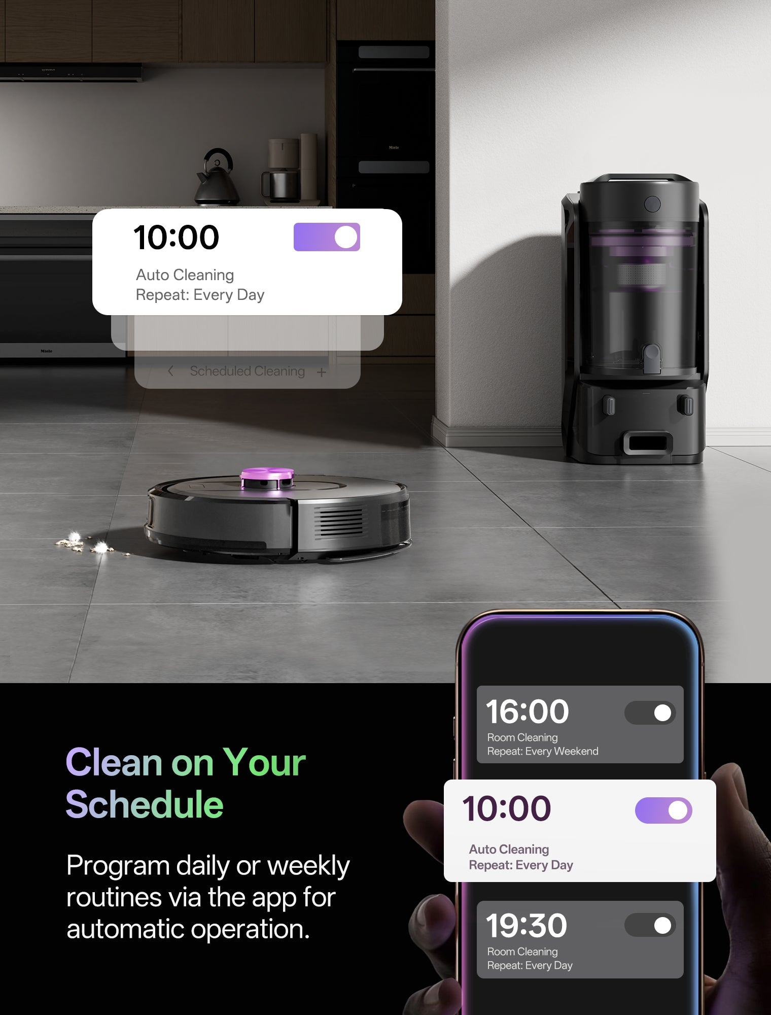 Robotic vacuum cleaner on a kitchen floor with smartphone app interface showing cleaning schedule.