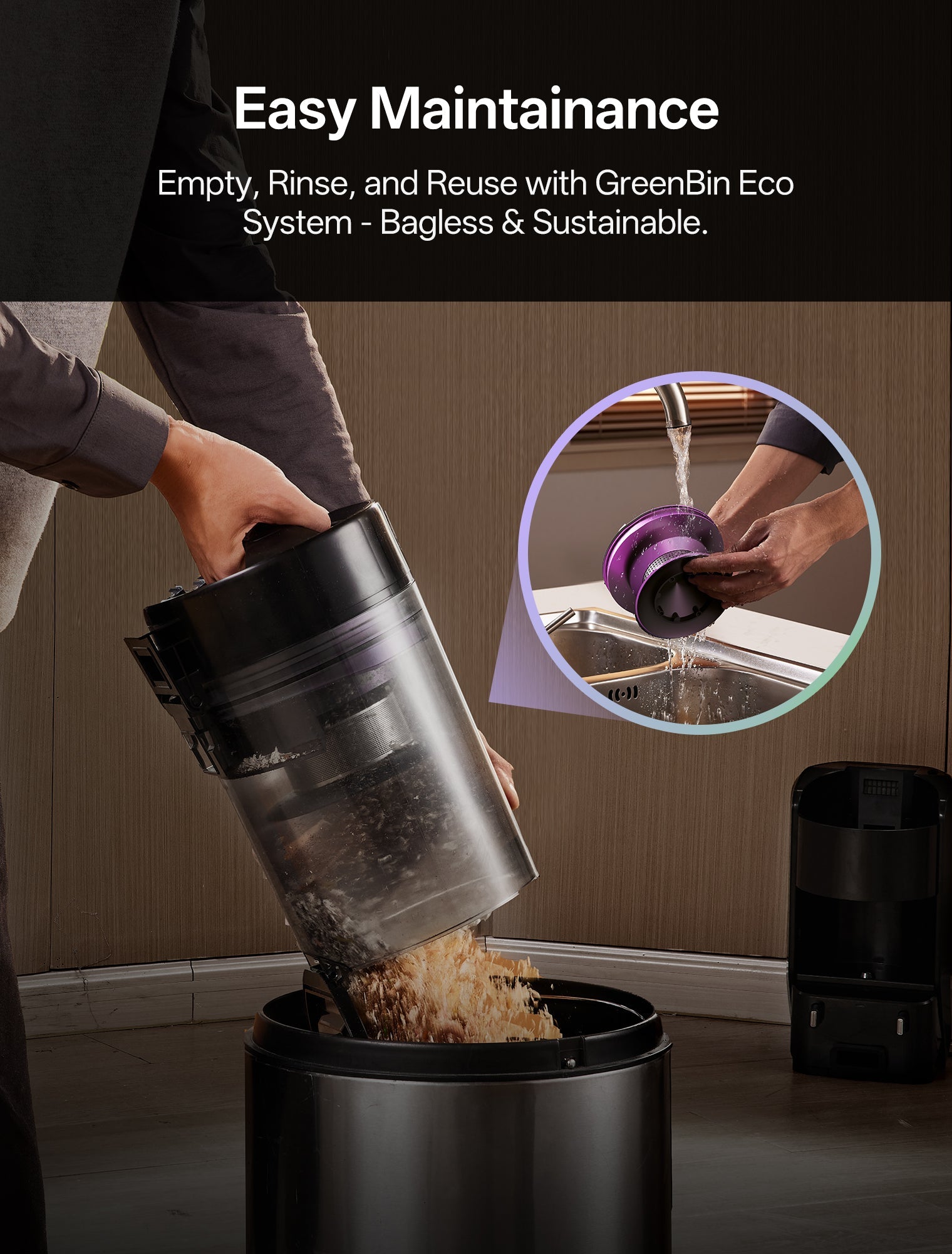 Person using a GreenBin Eco system to empty waste into a bin, with text highlighting ease of maintenance.