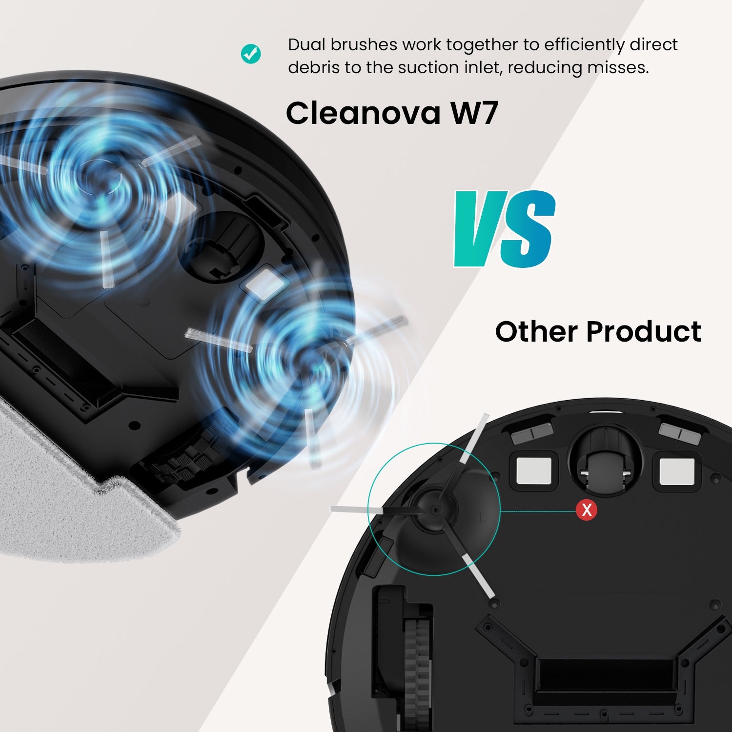 Comparison of Cleanova W7 vacuum cleaner with dual brushes and another product on a white background.