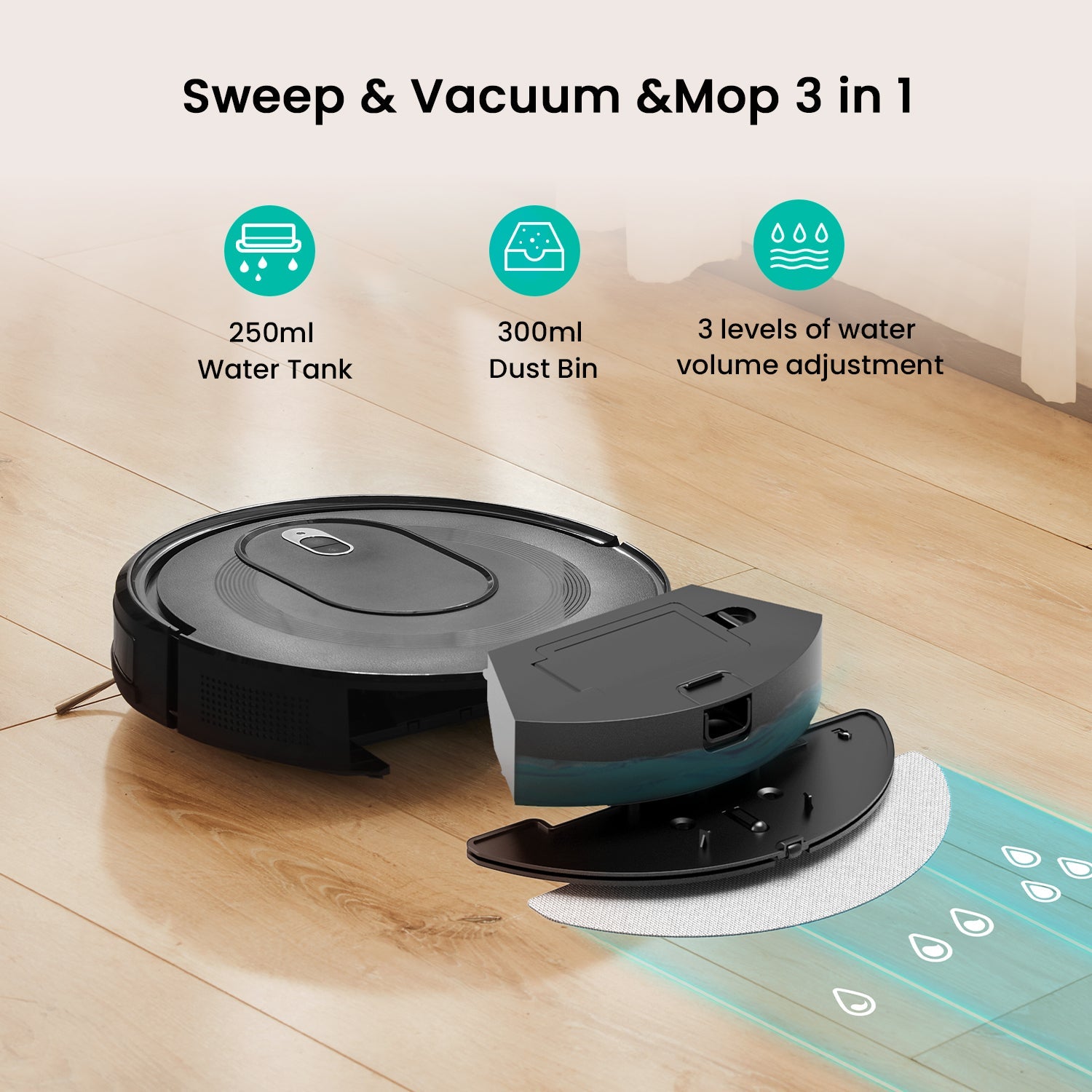 Robotic vacuum cleaner with water tank and dust bin on a wooden floor, featuring text about its features.