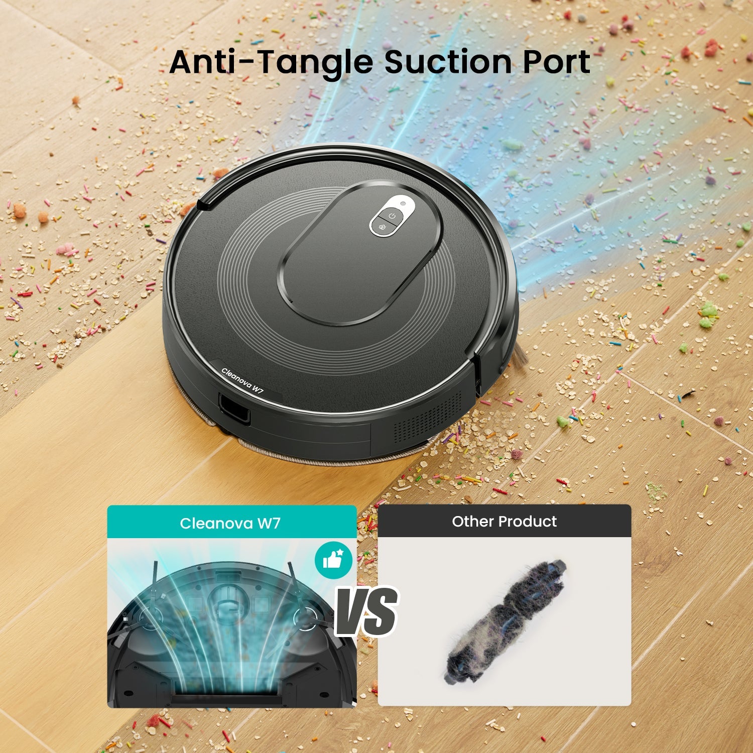 Robotic vacuum cleaner with anti-tangle suction port feature on a floor with debris.