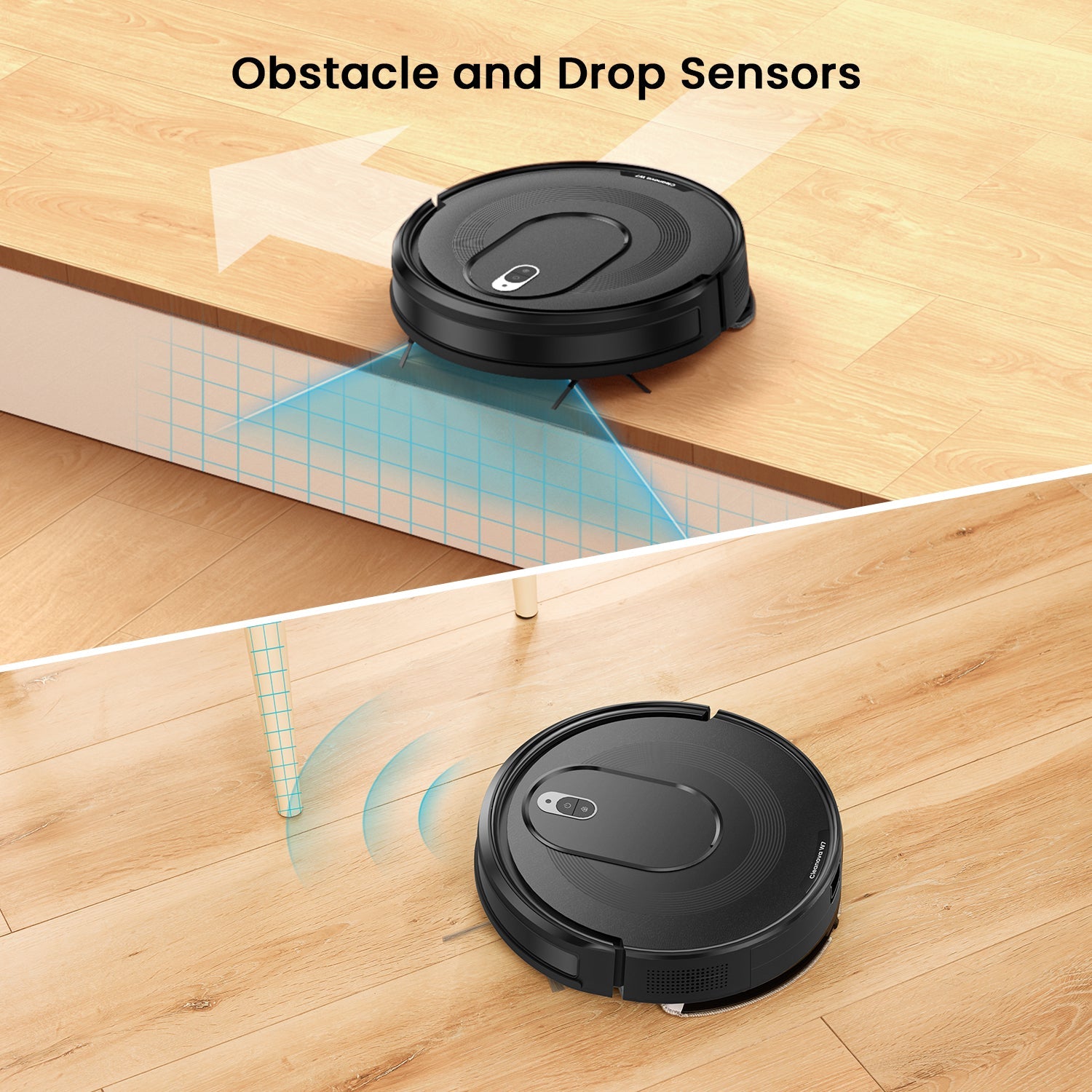 Robot vacuum cleaner with obstacle and drop sensors on a wooden floor