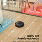 Robot vacuum cleaner on a wooden floor with virtual wall and no-go zone settings displayed.
