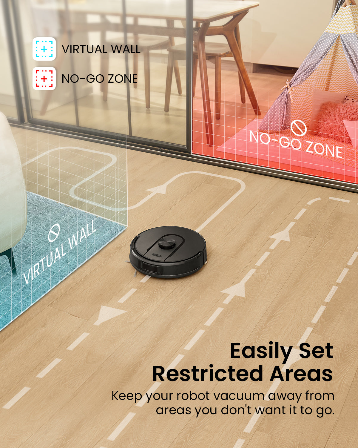 Robot vacuum cleaner on a wooden floor with virtual wall and no-go zone settings displayed.