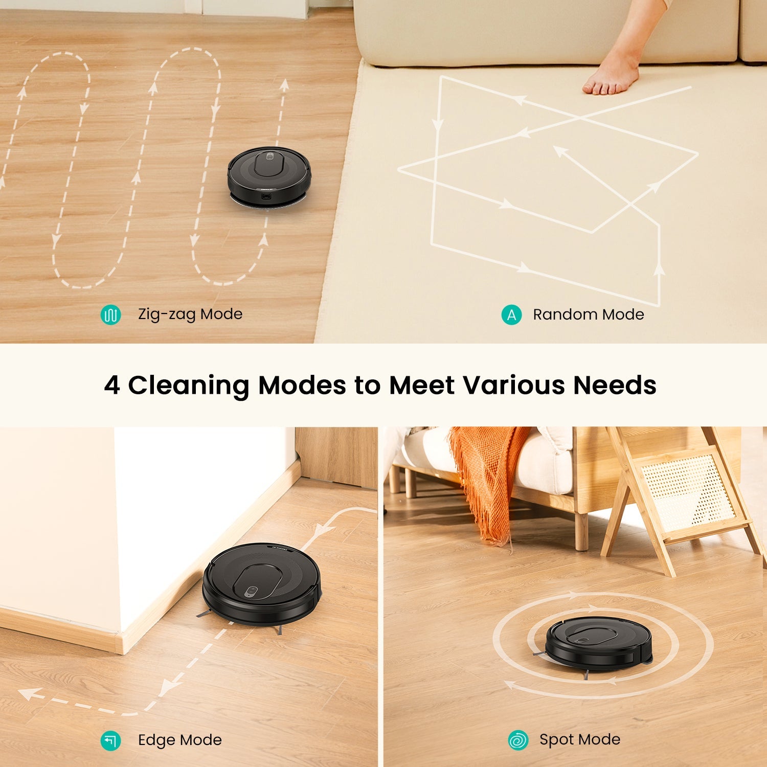 Robot vacuum cleaner with different cleaning modes on a wooden floor.